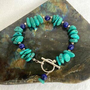 Sterling Silver 925 Dakota West Turquoise Chip & Round Lapis Beaded Bracelet 7"